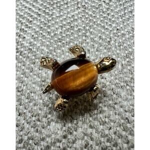 Gold Tone Turtle Tortoise Tigers Eye Stone Lapel Hat Pin